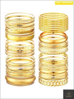 50 Pc Gold Tone Alloy Bangle Bracelet Set Stackable Women's Jewelry Gift